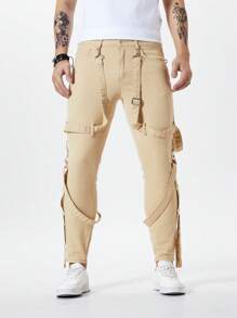 Manfinity Homme Jeans personalizados de hombre con estilo urbano, unicolor, bolsillo decorado con hebilla metálica y detalle de cordón - Caqui - Ver 6