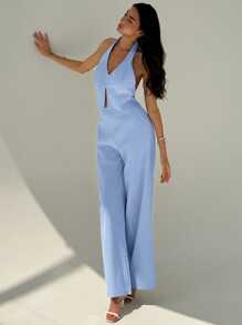 Aloruh 春夏办公室通勤优雅 V 领露背背心和阔腿裤修身高腰套装