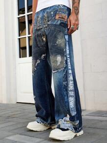 ROMWE MEN Street Life Men's Grunge Loose Fit Pentagon Wide Leg Casual Versatile Jeans - Blue - View 5