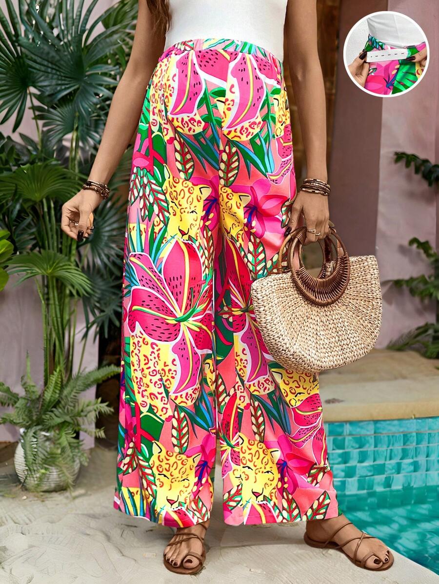 SHEIN Maternity Vacation Tropical Print Pants - Multicolor - View 1