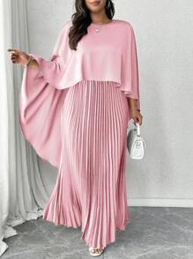 Elenzga Plus Size Elegant 2 Pieces Set: Draped, Short-Front Long-Back Cape + Pleated Skirt - Baby Pink - View 1