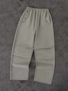 SHEIN Tween Boy Solid Color Elastic Waist Loose Wide Leg Long Pants - Grey - View 4