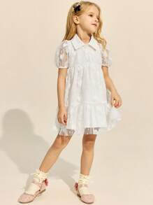 SHEIN Kleine Mädchen Elegantes weißes Mesh-Jacquard Kleid mit Kurzarm Kragen, Frühling/Sommer - Weiss - Übersicht 5