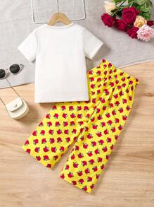 2pcs/Set Young Girl Floral Print Round Neck Short Sleeve T-Shirt And Pants, Casual Outfit