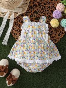 SHEIN Nomadic Countryside Vacation Style Baby Girls Ditsy Floral Ruffle Patchwork Strap Dress, Cute & Casual Fashion For Spring/Summer - Multicolor - View 1
