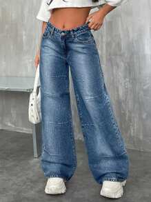 EURMUSE WOMEN WIDE LEG LOW WAIST JEAN PLEAT DETAIL - Medium Wash - View 3