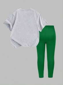 SHEIN Explorewe Young Girl Casual Fashionable Creative Cute Graphic Letter Print Tee And Leggings 2-Piece Set Summer Holiday - Multicolor - View 2