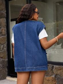 Plus Size Casual Street V-Neck Zipper Flap Pocket Sleeveless Denim Jacket - Blue - View 2
