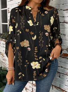 EMERY ROSE Plus Size Women Floral Print V-Neck Cuff Sleeve Vacation Shirt - Multicolor - View 4