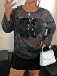 SHEIN EZwear 大码女式音乐节闪光字母印花宽松上衣 - 黑色 - 查看 1