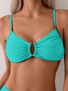 Swim Basics Women's Summer Beach Solid Color Ruched Sexy Bikini Set - Mint Green - View 4