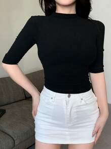 DAZY Autumn New Slim Fit Women Ribbed Knit Round Neck Short Sleeve T-Shirt