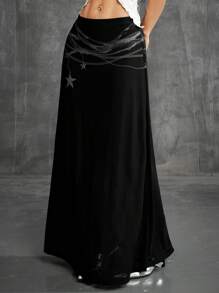 Comfortcana 女士春夏圣帕特里克节街头服饰复古星星图案黑色长裙