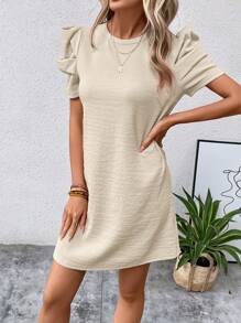 SHEIN Clasi Solid Puff Sleeve Keyhole Back Dress Texture Fabric - Apricot - View 6