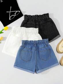 Tween Girl Casual Denim Ruffled Waist Washed Jean Shorts, 2pcs/Set,Holiday,Summer,Travel, School, Campus, College - Multicolor - View 2