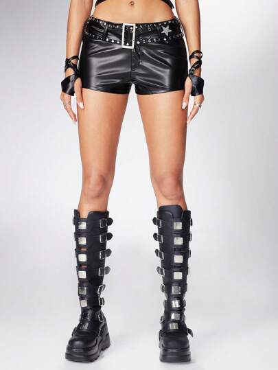 Grunge Punk Y2K Sexy Rivets Star Graphic Crystal Embellished Super Low Waist PU Leather Shorts, Rave Outfits Festival Costume