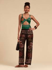 Travachic 1pc Women's Tropical Print Wireless Triangle Cup One-Piece Swimsuit, Vacation Style - Dark Green - View 7