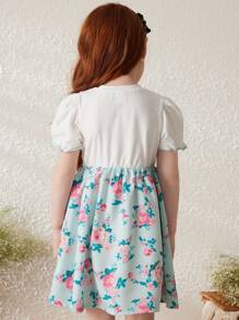 Blossori Young Girls' Spring/Summer French Elegant Floral Print Short Sleeve Dress