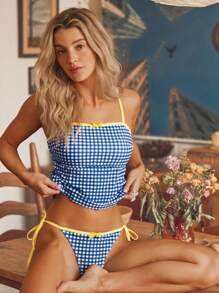 SHEIN Swim Mod Bộ đồ bơi và áo crop top kẻ caro màu tương phản dễ thương cho bé gái - Nhiều màu - Xem 7