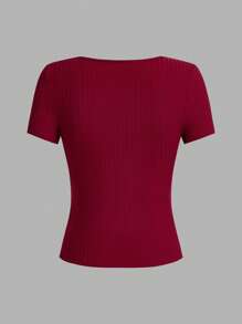 SHEIN EZwear 3 件女式方领修身短袖罗纹 T 恤，适合夏季，安科拉红色 - 彩色 - 查看 6