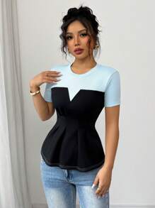 Elenzga 2025 Nieuw Mode Patchwork Ontwerp Taille Cinching Korte Mouw T-shirt