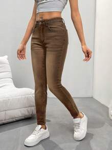 SHEIN Essnce Women's Slim Fit Casual Everyday Jean Pants With Pockets - Coffee Brown - View 4