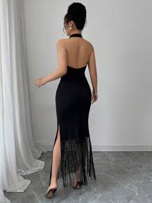 Elenzga Women's Sleeveless Cross-Back Halter Dress With Tassel Accents, Backless Design, Fashionable & Sexy, Suitable For Summer Daily Wear - Black - View 2