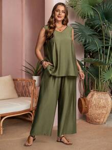 EMERY ROSE Plus Size V-Neck TButtons At Back Ank Top And Pockets Pants Casual Solid Color Vacation 2pcs Set ,Summer Clothes,Vacation Outfits Woman / Vacation,Boho Women Clothing - Army Green - View 6