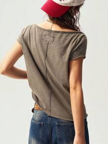 Bohemela 夏季图案西部风格纯色针织船领短袖女式T恤 - 灰色 - 查看 7