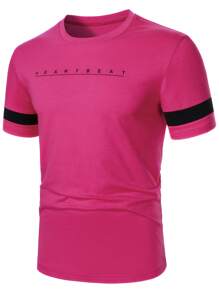 Manfinity Homme Men's Letter Print Casual Short Sleeve T-Shirt, Suitable For Daily Wear - Hot Pink - View 2