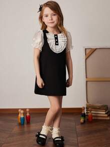 PrepCrw Young Girls' Contrast Color A-Line Chiffon Dress With Puff Sleeves, For Spring/Summer - Black and White - View 4