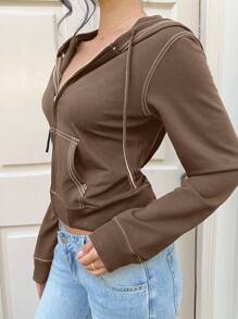 SHEIN EZwear 女式拉链前撞色连帽运动衫，休闲、毕业、教师、返校套头衫秋季 - 咖啡棕 - 查看 5