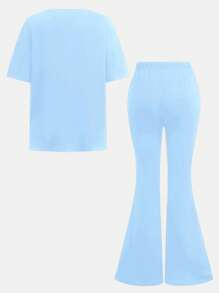 SHEIN Leap Crew Tween Girls Casual Minimalist Two Pieces Set, Long Sleeve Summer Outfits - Blue - View 2