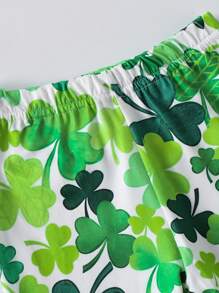 2 pièces Barboteuse fille à manches courtes style minimaliste avec imprimé arc-en-ciel, léopard, trèfle chanceux et lettres et pantalon évasé imprimé, convient pour la Saint-Patrick, l'été