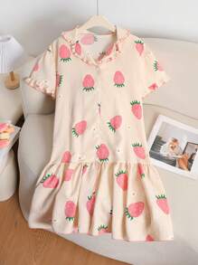 Camisón largo de manga corta y ropa de descanso con base negra minimalista y estampado de corazón rosa para niñas