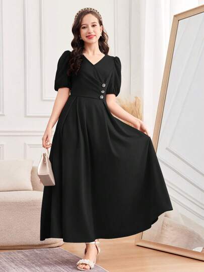 SHEIN Leap Crew 少女春夏、新年、情人节 - 干净女孩/奢华黑色节日优雅珍珠纽扣装饰 A 字长裙/公主裙，适合婚礼季节、复古//海滩/大海/优雅