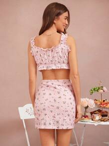 WESTFADE Western Two Pieces Brunch Outfit Summer Floral Printed Knit Pointelle Square Neck Bow Tie Front Ruffle Crop Tank Top & High Waist Fitted Mini Skirt Summer Beach Vacation Outfit
