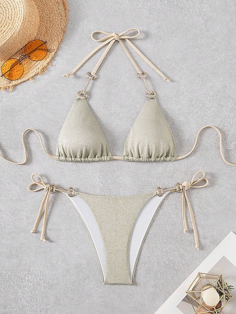 SHEIN X Sofía Suescun SHEIN Swim 女士性感水钻装饰露背细肩带比基尼套装，适合夏季海滩度假