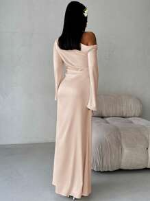 Aloruh Light Pink Elegant Satin Asymmetric Ruched Flare Long Dress With Cinched Waist, Suitable For Valentine's Day,Pastel Dresses For Women - Khaki - View 2