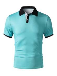 Manfinity Homme Camisa polo de estampado digital, color liso de manga corta, diseño de moda minimalista, apropiada para el verano