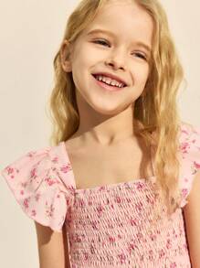 SHEIN 2pcs/Set Young Girls' Elegant Pink Woven Ditsy Floral Trim Blouse & Ruffle Hem Mini Skirt, Spring/Summer