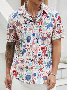 Manfinity Roghcode Men's Casual Daily Wear For Beach Vacations, Featuring A Classic Playful Illustration Design With Digital Prints Of Cute Cartoons Including Rabbits, Kittens, Puppies, Teddy Bears, Dolls, Coconut Trees, Hearts, Stars, And Flowers On A Relaxed Short-Sleeve Shirt, Cartoon Vacation Shirts - Multicolor - View 6