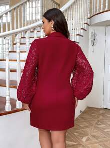 SHEIN Privé Plus Size Women Solid Color Notched Collar Jacquard Lantern Sleeve Maxi Blazer Dress