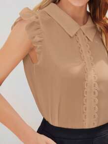 SHEIN Essnce Áo cánh ren cổ bèo nhún thanh lịch màu trơn của resort - Màu Khaki - Xem 4