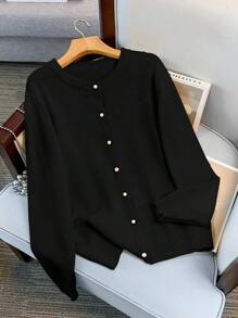 SHEIN LUNE Women Plus Size Crew Neck Single Breasted Casual Elegant Long Sleeve Cardigan Fall Winter Cloth For Women Autumn