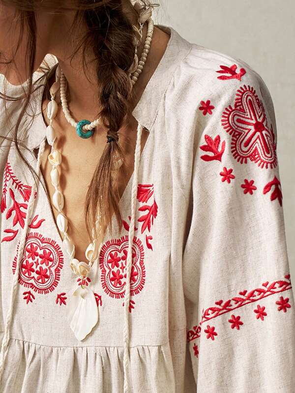 Bohemela Loose  Embroidered V-Neck Long Sleeve Blouse For Women