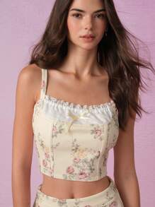 SHEIN MOD 2 Pieces Vintage Floral Lace Patchwork Set - Tie Cropped Top And Floral Print Midi Skirt, Resort Wear, Bohemian Women's Wear, Beachwear For Women, Vacation Outfits Women, - Multicolor - View 5