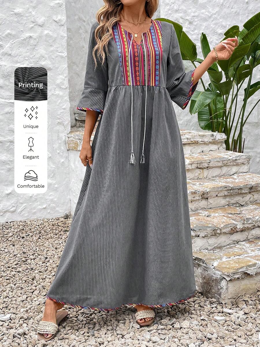 SHEIN LUNE Váy chắp vá thêu sọc xám Trung Đông Ramadan, tay loe bó eo & viền bèo nhún, kỳ nghỉ thường ngày - Xám - Xem 1