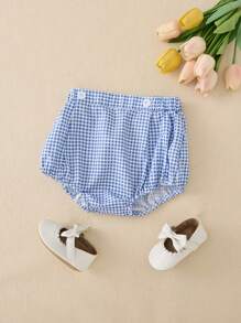 SHEIN Shorts pour bébés filles, style coréen décontracté, mignons à carreaux bleus avec décoration de boutons, convenant à diverses occasions, été