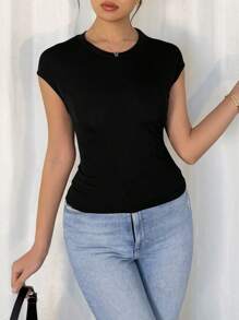 Chiquease Stylish Hollow Out Back Design Women's Summer Round Neck Drawstring Knit T-Shirt, Fitted Short Crop Top - Orange - View 1